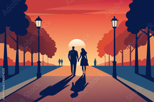 Couple walking hand in hand on a path during sunset with streetlights