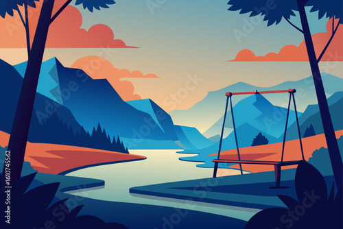 Serene riverside swing overlooking a distant cityscape