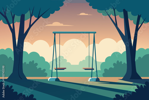 Serene park scene with empty swings and rolling hills