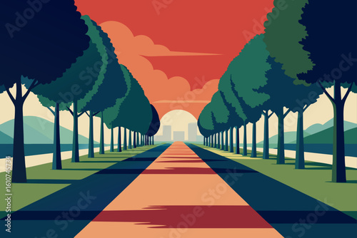 Avenue of trees leading to a distant monument under a cloudy sky