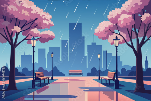 Rainy city park with puddles and streetlights