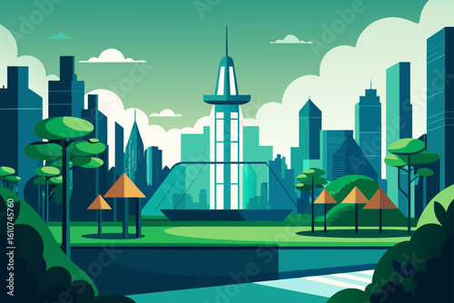 Futuristic cityscape with lush greenery and modern architecture