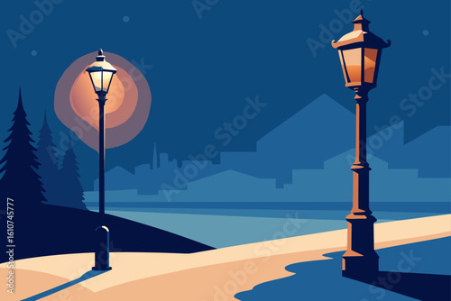 Winter night scene with glowing streetlights and snow