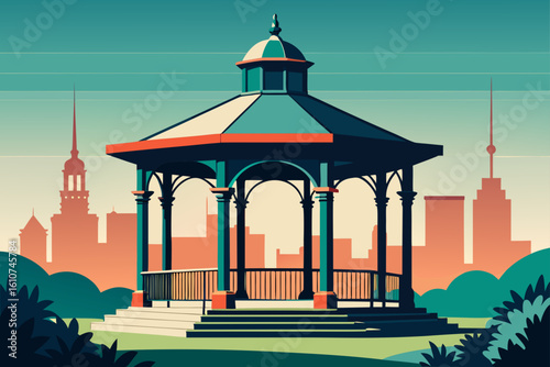 Serene park gazebo with city skyline and lamp posts