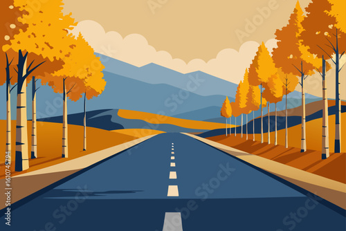 Autumn road leading to a distant house through golden trees