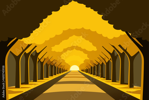Golden autumn tree lined path leading to light