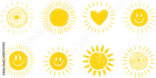 Cute sun emoji cute suns smile fun weather sunlight icons isolated sunny faces summer sunshine heating smiley utter vector collection
