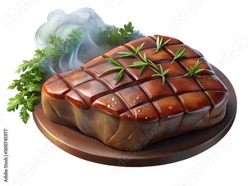 A juicy grilled steak with herbs and steam on a plate isolated on transparent background