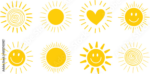 Cute sun emoji cute suns smile fun weather sunlight icons isolated sunny faces summer sunshine heating smiley utter vector collection
