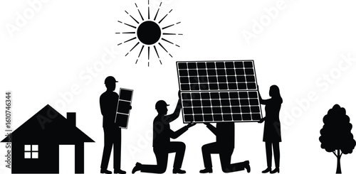 Solar panel installation, clean energy teamwork, sustainable home power, renewable energy workers