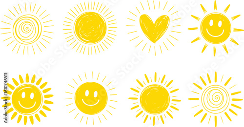 Cute sun emoji cute suns smile fun weather sunlight icons isolated sunny faces summer sunshine heating smiley utter vector collection
