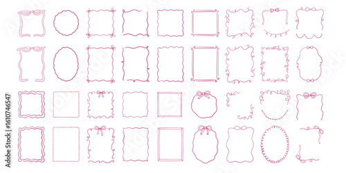 vector set of pink coquette hand drawn frames with bows, curls and scalloped borders on white background, whimsical outline elements for cards and notes, concept of girly stationery, cute branding
