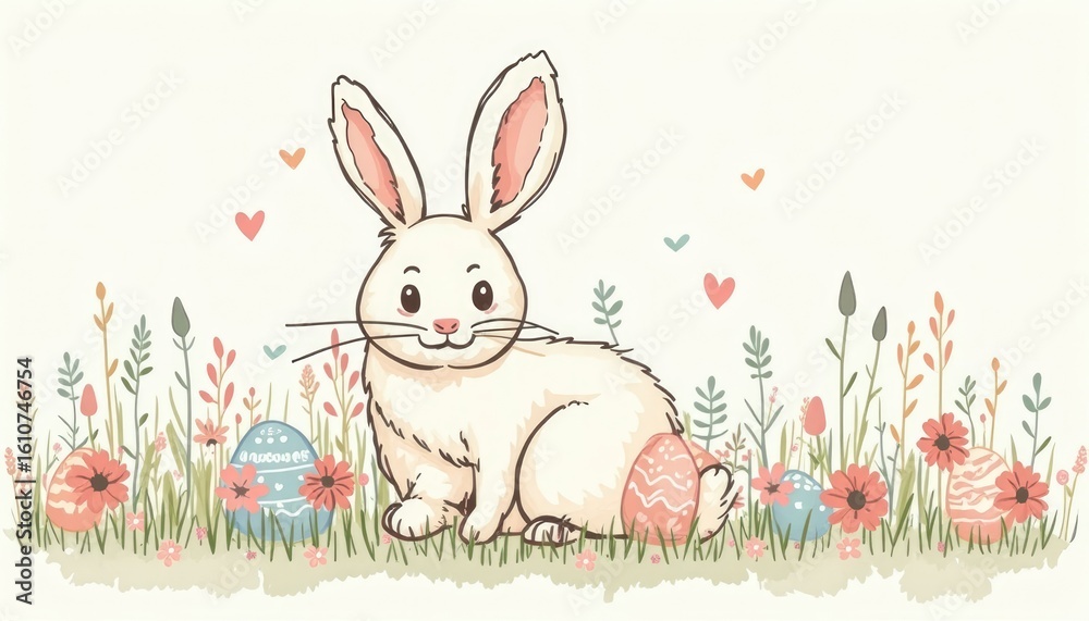 Obraz premium Cute Easter Bunny in a Floral Meadow with Painted Eggs