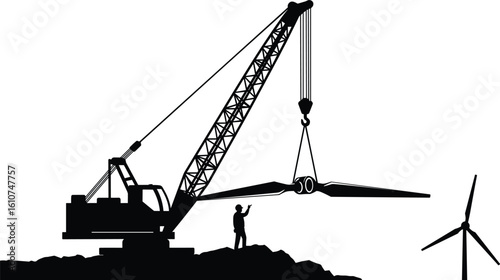 Wind turbine installation site, crane lifting rotor blade, renewable energy construction, sustainable wind power project, green energy equipment setup