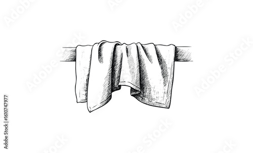 Hand-drawn towel on rack: detailed sketch depicting fabric in monochrome. Vector retro hand drawn illustration
