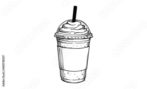 Iced coffee sketch with straw and lid. Vector retro hand drawn illustration