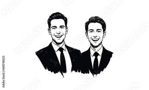 Two young caucasian males in suits smiling line art illustration. Vector retro hand drawn illustration