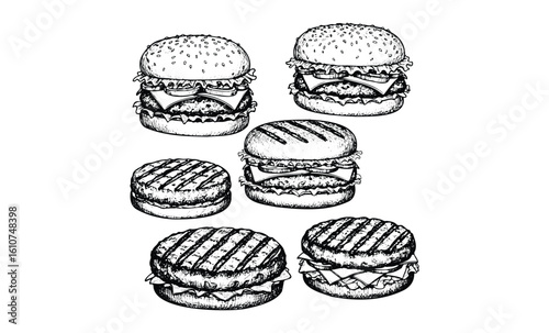 Hand-drawn burger and patty collection with various styles and toppings. Vector retro hand drawn illustration