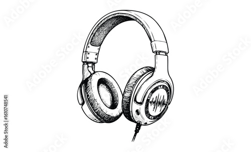 Detailed black and white sketch of over-ear headphones with sound wave design. Vector retro hand drawn illustration