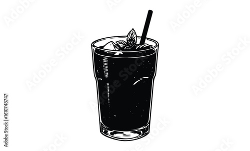 Refreshing iced coffee with mint and straw in glass - black and white drawing. Vector retro hand drawn illustration