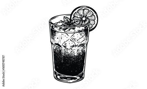 Black and white iced beverage with lemon slice and mint leaves. Vector retro hand drawn illustration