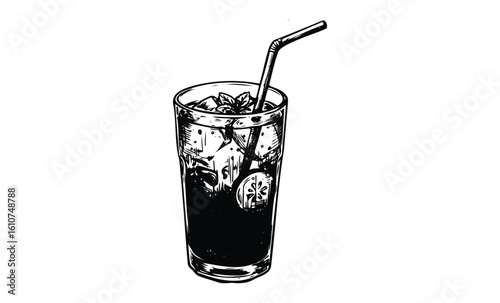 Hand-drawn glass of iced tea with lemon and mint in black and white. Vector retro hand drawn illustration
