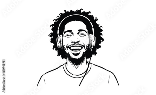 Smiling african male teen with headphones enjoying music. Vector retro hand drawn illustration