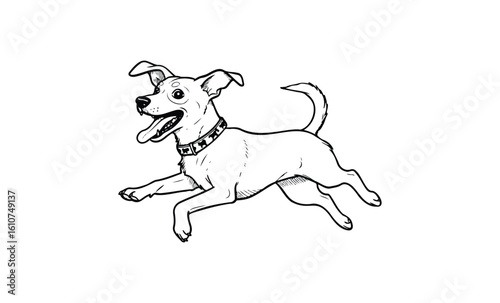 Playful jumping dog sketch with open mouth and wagging tail. Vector retro hand drawn illustration