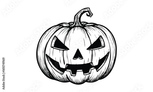 Black and white scary halloween pumpkin drawing with jack-o'-lantern face. Vector retro hand drawn illustration