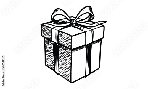 Hand-drawn gift box with ribbon and bow detailed sketch design. Vector retro hand drawn illustration