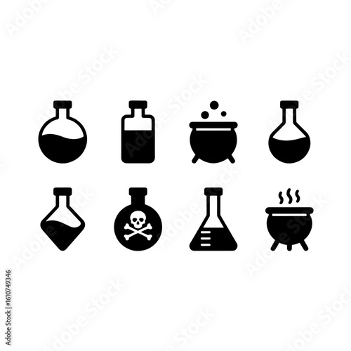 Black Silhouette Potion Bottle and Cauldron Icons Set