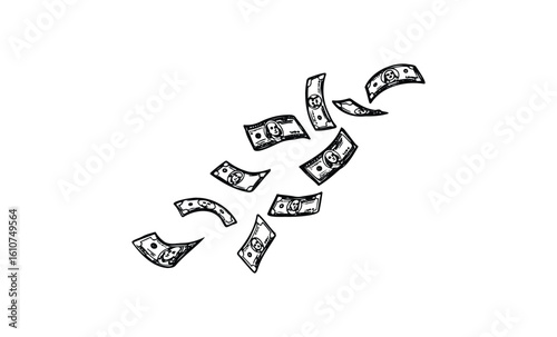 Hand-drawn flying dollar bills isolated. Vector retro hand drawn illustration