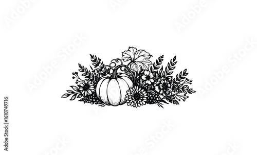 Intricate pumpkin floral arrangement with leaves and flowers in black and white. Vector retro hand drawn illustration