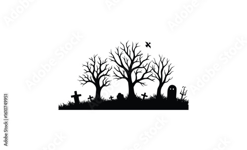 Spooky halloween silhouette: graveyard trees, ghost, and bat. Vector retro hand drawn illustration