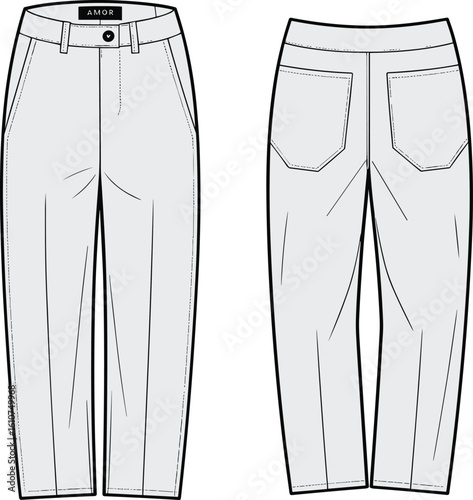  Cad drawing flat vector illustration of women's high- tailored trousers, front, side, and back views, detailed with pleats, pockets, button closure, essential 