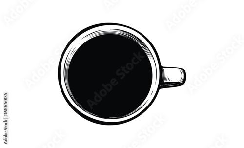 Top view illustration of a coffee cup with dark beverage. Vector retro hand drawn illustration