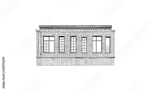 Brick building facade sketch with tall windows and decorative elements. Vector retro hand drawn illustration