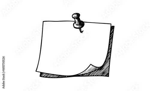 Hand-drawn blank note papers pinned with thumbtack. Vector retro hand drawn illustration