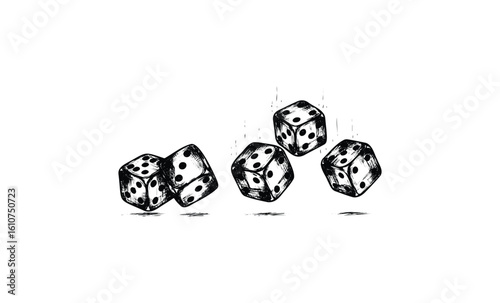 Sketch of four dice in motion with shadow details. Vector retro hand drawn illustration
