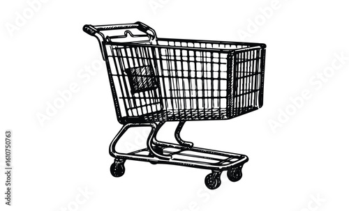 Sketch illustration of a shopping cart on wheels with metal grid design. Vector retro hand drawn illustration