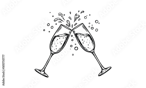 Sketch of two clinking champagne glasses with bubbles and splashes. Vector retro hand drawn illustration