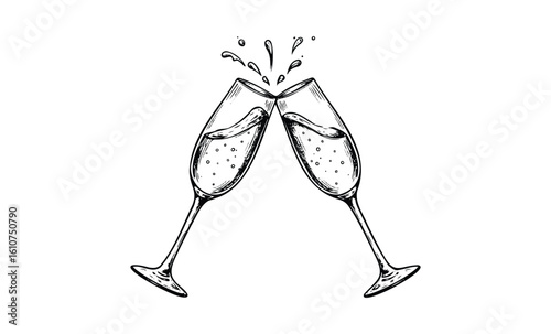 Celebratory toast: two champagne glasses clinking with bubbles and splash. Vector retro hand drawn illustration