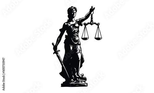 Blindfolded lady justice holding balance and sword statue silhouette. Vector retro hand drawn illustration