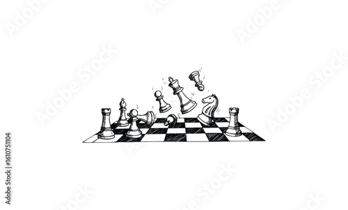 Sketch of tumbling chess pieces on checkered board. Vector retro hand drawn illustration
