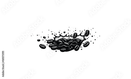 Black coffee beans splash design with ink splatter. Vector retro hand drawn illustration