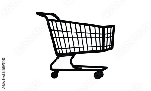 Simple black shopping cart icon with white background for retail themes. Vector retro hand drawn illustration
