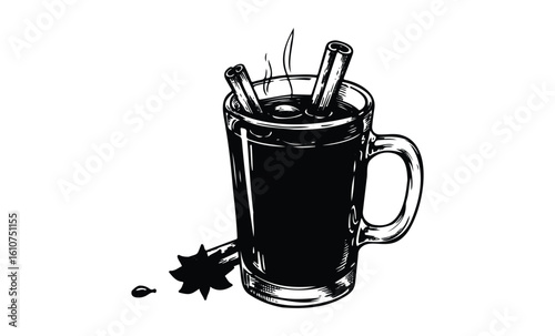 Hot mulled cider with cinnamon sticks in a mug line drawing. Vector retro hand drawn illustration