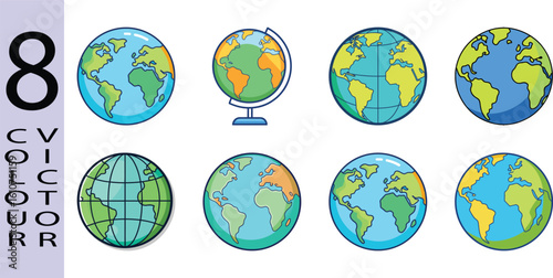 Eight Colorful Vector Globes: World Map Illustrations, Cartoon Style, Educational Theme.