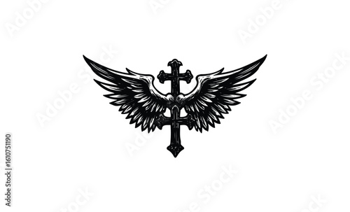 Intricate black winged cross emblem. Vector retro hand drawn illustration