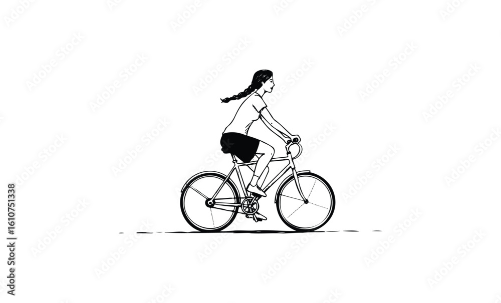 Fototapeta premium Young female riding bicycle sketch black and white minimalist art. Vector retro hand drawn illustration